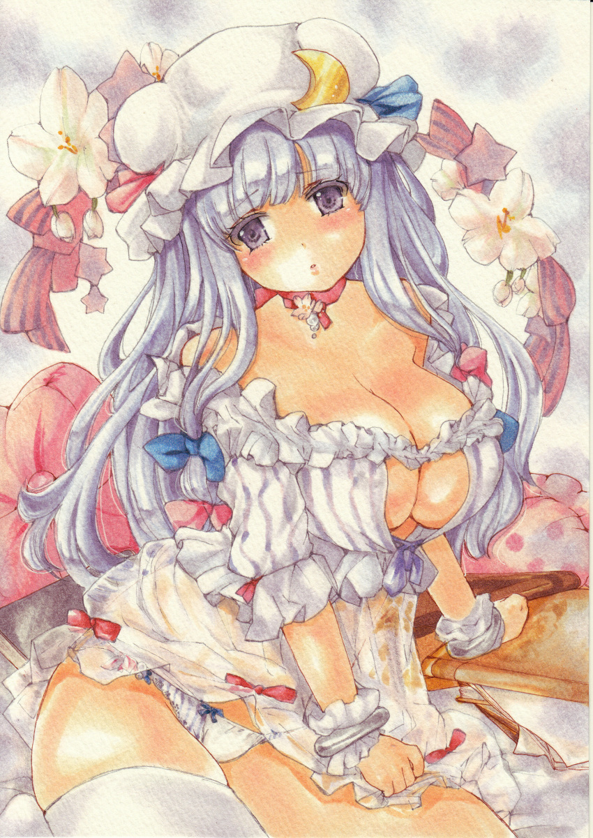 1girl absurdres bangs bare_shoulders blue_bow blunt_bangs blush bow breasts choker cleavage cleavage_cutout crescent floral_background hair_bow hat highres large_breasts long_hair looking_at_viewer marker_(medium) mob_cap off_shoulder panties parted_lips patchouli_knowledge purple_hair purple_panties red_bow shirt short_sleeves sitting solo striped striped_shirt thigh-highs touhou traditional_media underwear vertical-striped_shirt vertical_stripes very_long_hair violet_eyes white_legwear wrist_cuffs yurun