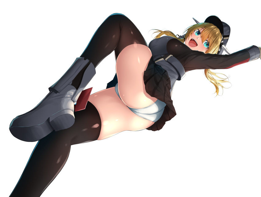 1girl ass black_skirt blonde_hair blue_eyes blush boots cowboy_shot eyebrows_visible_through_hair hat highres kantai_collection long_hair looking_at_viewer looking_back low_twintails military military_uniform oekakizuki open_mouth panties pleated_skirt prinz_eugen_(kantai_collection) simple_background skirt skirt_lift tied_hair twintails underwear uniform white_background white_panties