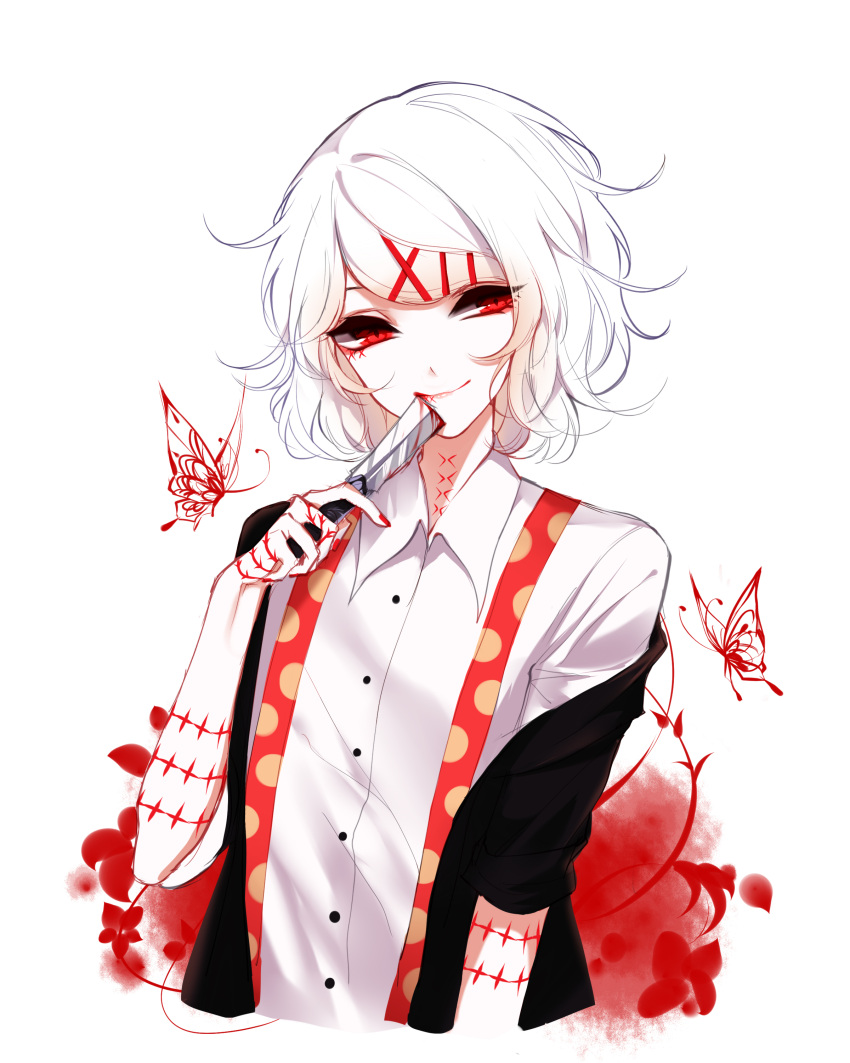 1boy absurdres blood blood_stain cardigan closed_mouth dress_shirt hair_ornament hairclip highres holding holding_knife knife looking_at_viewer off_shoulder open_cardigan open_clothes red_eyes sheya shirt short_hair smile solo stitches suzuya_juuzou tokyo_ghoul upper_body white_hair white_shirt