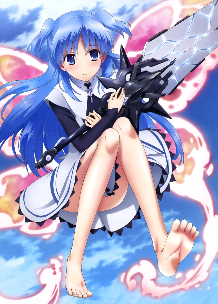 1girl absurdres barefoot blue_eyes blue_hair chtholly_nota_seniorious feet highres holding holding_sword holding_weapon long_hair long_sleeves nyantype official_art shuumatsu_nani_shitemasu_ka? soles solo sword toes very_long_hair weapon