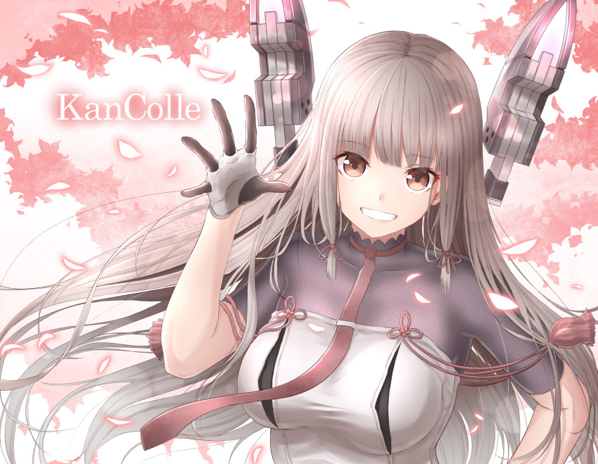 1girl bodysuit breasts cherry_blossoms collarbone dress floral_background gloves grin hand_on_hip hand_up headgear highres hime_cut kantai_collection long_hair looking_at_viewer mechanical_ears medium_breasts murakumo_(kantai_collection) necktie orange_eyes remodel_(kantai_collection) see-through shinoe_nun silver_hair smile solo tassel white_dress white_gloves