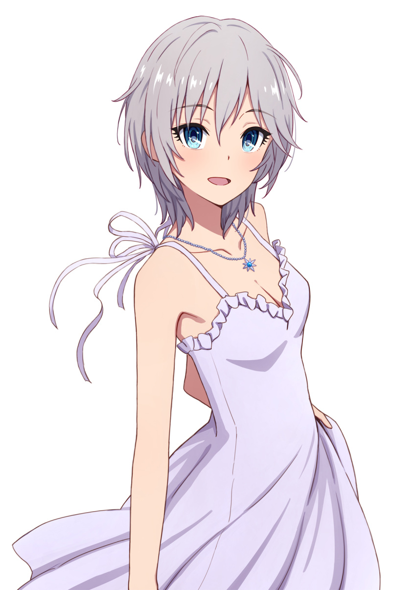 1girl :d anastasia_(idolmaster) arm_at_side bangs bare_arms bare_shoulders blue_eyes blush breasts cleavage collarbone cowboy_shot dress eyebrows_visible_through_hair eyelashes frilled_dress frills highres idolmaster idolmaster_cinderella_girls jewelry looking_at_viewer necklace open_mouth pendant pink_dress reflective_eyes short_hair silver_hair skirt_hold sleeveless sleeveless_dress small_breasts smile solo yahiro_(epicopeiidae)