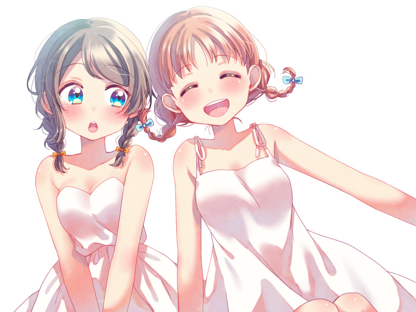 2girls :o ^_^ alternate_hairstyle bangs blue_bow blush bow braid breasts cleavage closed_eyes commentary_request dress facing_viewer hair_bow highres hina_(hinalovesugita) looking_at_another love_live! love_live!_sunshine!! multiple_girls orange_bow orange_hair simple_background smile strapless strapless_dress sundress takami_chika twin_braids watanabe_you white_background white_dress