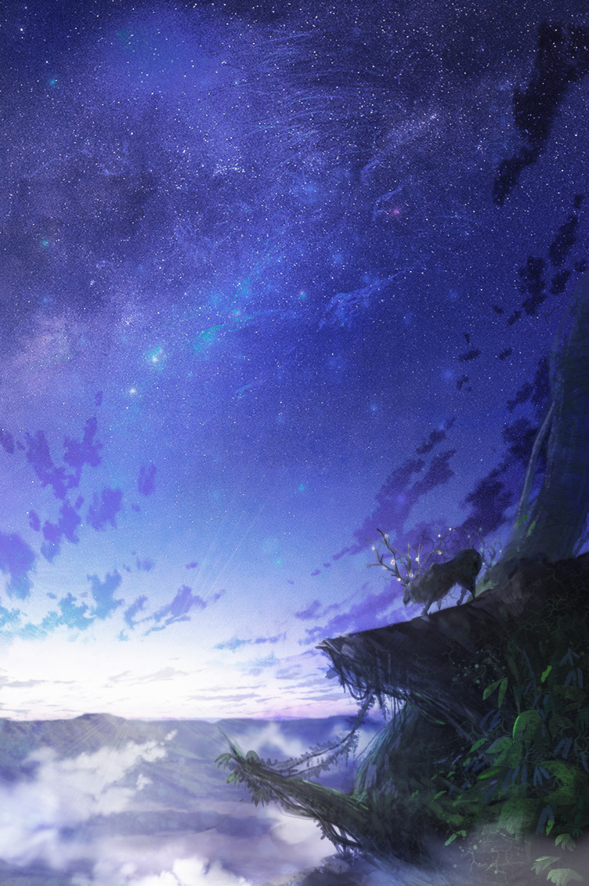 animal antlers cliff clouds commentary fantasy highres horizon lens_flare light_rays mountain nature no_humans original plant scenery sky sorakuma_(oycue41) star_(sky) starry_sky sunlight sunrise valley vines