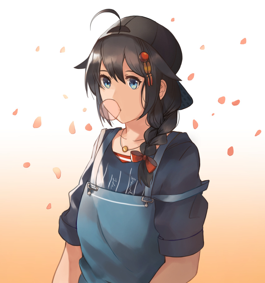 1girl absurdres ahoge alternate_costume backwards_hat black_hair black_hat black_shirt bow bubble_blowing chewing_gum eyebrows_visible_through_hair food hair_bow hair_ornament hat highres jewelry kantai_collection looking_at_viewer necklace orange_background overalls petals red_bow shigure_(kantai_collection) shirt skyregalias solo