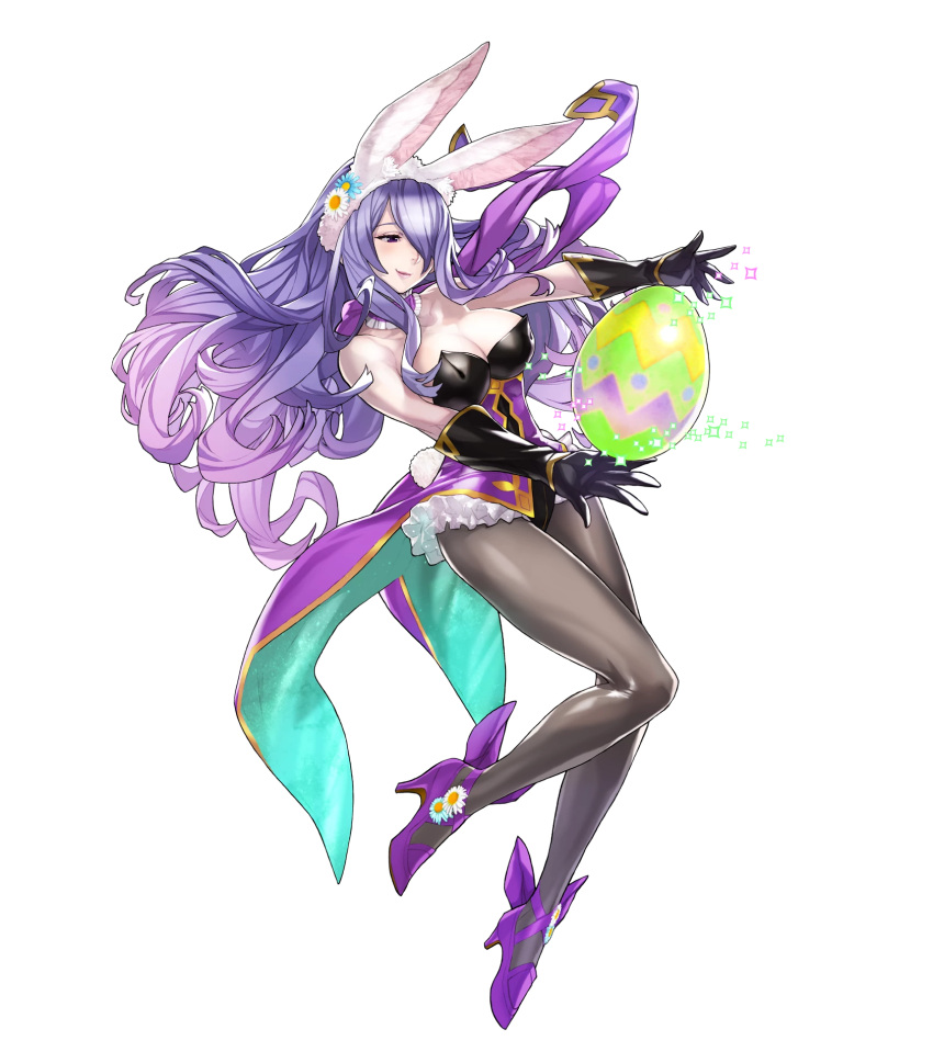 1girl animal_ears bare_shoulders breasts bunny_tail camilla_(fire_emblem_if) choker cleavage easter_egg elbow_gloves female fire_emblem fire_emblem_heroes fire_emblem_if frills full_body gloves hair_ornament hair_over_one_eye hat high_heels highres leotard long_hair looking_away maeshima_shigeki official_art pantyhose purple_footwear purple_hair rabbit_ears simple_background smile solo sparkle strapless tail transparent_background