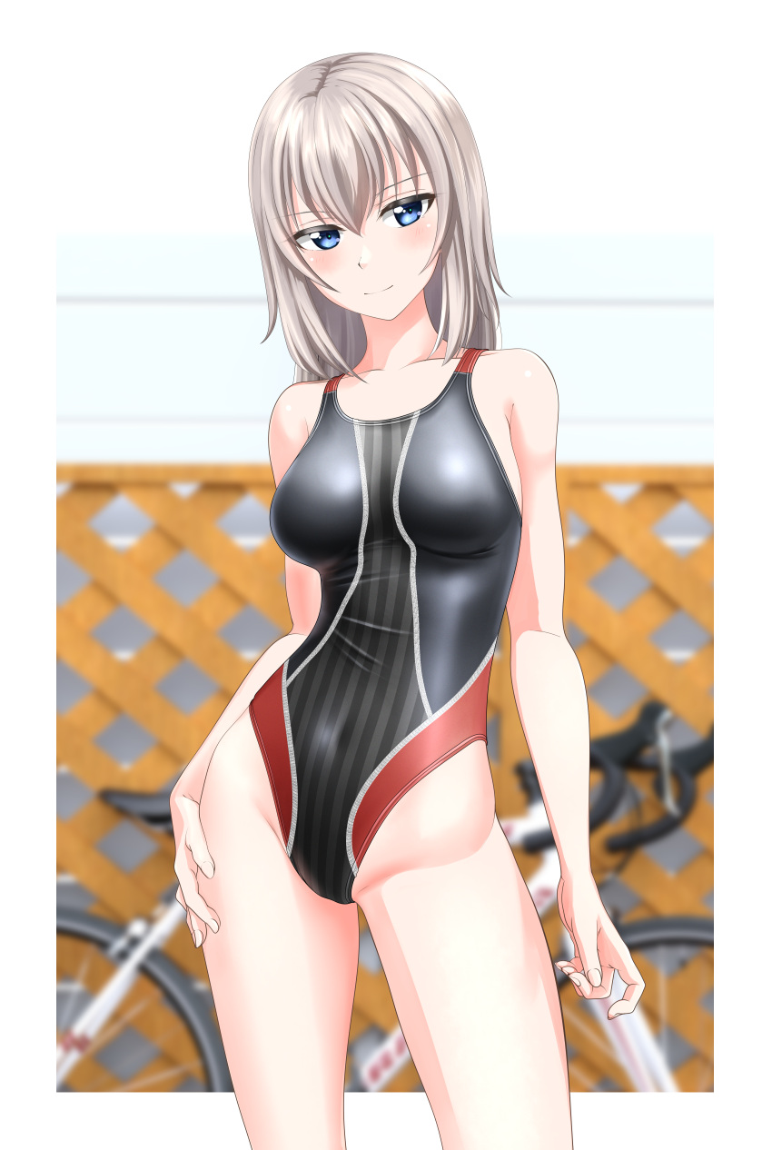1girl absurdres bangs bicycle black_swimsuit blue_eyes blurry blurry_background breasts competition_swimsuit contrapposto cowboy_shot girls_und_panzer ground_vehicle highres itsumi_erika light_smile looking_at_viewer medium_breasts medium_hair multicolored_clothes multicolored_swimsuit one-piece_swimsuit silver_hair solo standing striped striped_swimsuit swimsuit takafumi