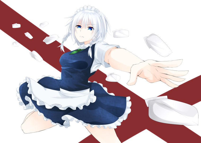 &gt;:( 1girl absurdres apron ascot bangs blue_dress blue_eyes braid breasts closed_mouth dress foreshortening frilled_dress frills highres incoming_attack izayoi_sakuya knife leg_up looking_at_viewer maid maid_headdress medium_breasts serious short_hair short_sleeves silver_hair solo surota touhou twin_braids waist_apron