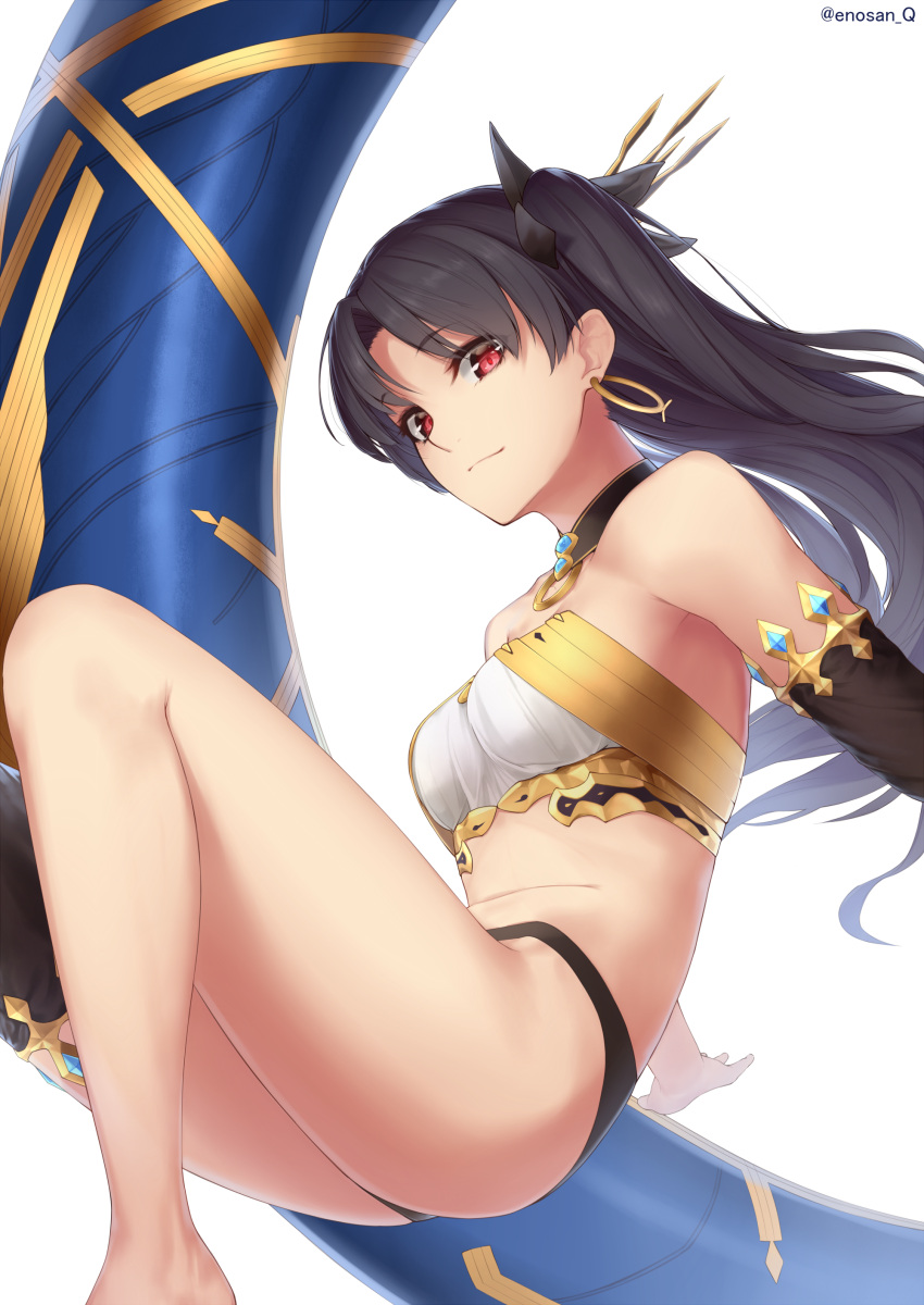 1girl absurdres arm armlet ass asymmetrical_legwear bandeau bare_legs bare_shoulders barefoot black_gloves black_hair black_legwear black_panties black_ribbon breasts collar crown earrings elbow_gloves enosan eyebrows_visible_through_hair fate/grand_order fate_(series) female gem gloves hair_ribbon heavenly_boat_maanna highres hoop_earrings invisible_chair ishtar_(fate/grand_order) jewelry knee_up legs long_hair looking_at_viewer looking_down medium_breasts midriff neck panties red_eyes revealing_clothes revision ribbon simple_background single_elbow_glove single_glove single_thighhigh sitting smile solo stomach thigh-highs thighlet tohsaka_rin twitter_username two_side_up type-moon underwear weapon white_background