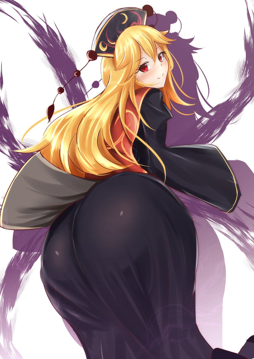 1girl ass black_dress blonde_hair chinese_clothes dress from_behind hat headdress highres junko_(touhou) long_sleeves looking_at_viewer looking_back red_eyes sinkai sketch sleeves_past_wrists smile solo tabard touhou white_background wide_sleeves