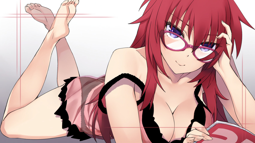 1girl andou_teruha bare_legs barefoot black_panties breasts cleavage collarbone end_card eyebrows_visible_through_hair feet glasses highres large_breasts lingerie long_hair looking_at_viewer lying matsuryuu negligee on_stomach panties pink-framed_eyewear redhead see-through shoujo-tachi_wa_kouya_wo_mezasu sleepwear smile soles solo strap_slip the_pose toes underwear underwear_only violet_eyes