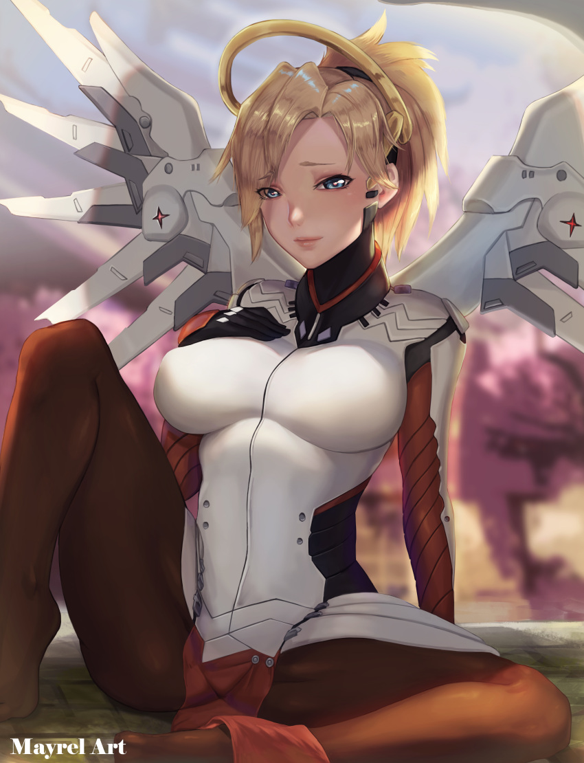 1girl absurdres arm_support artist_name blonde_hair blue_eyes blurry blurry_background bodysuit breasts brown_legwear cherry_blossoms eyes_visible_through_hair faulds hand_on_own_chest high_ponytail highres large_breasts leaning_back light_smile looking_at_viewer mayrel mechanical_halo mechanical_wings mercy_(overwatch) no_shoes one_leg_raised outdoors overwatch pelvic_curtain signature sitting solo spread_legs wings