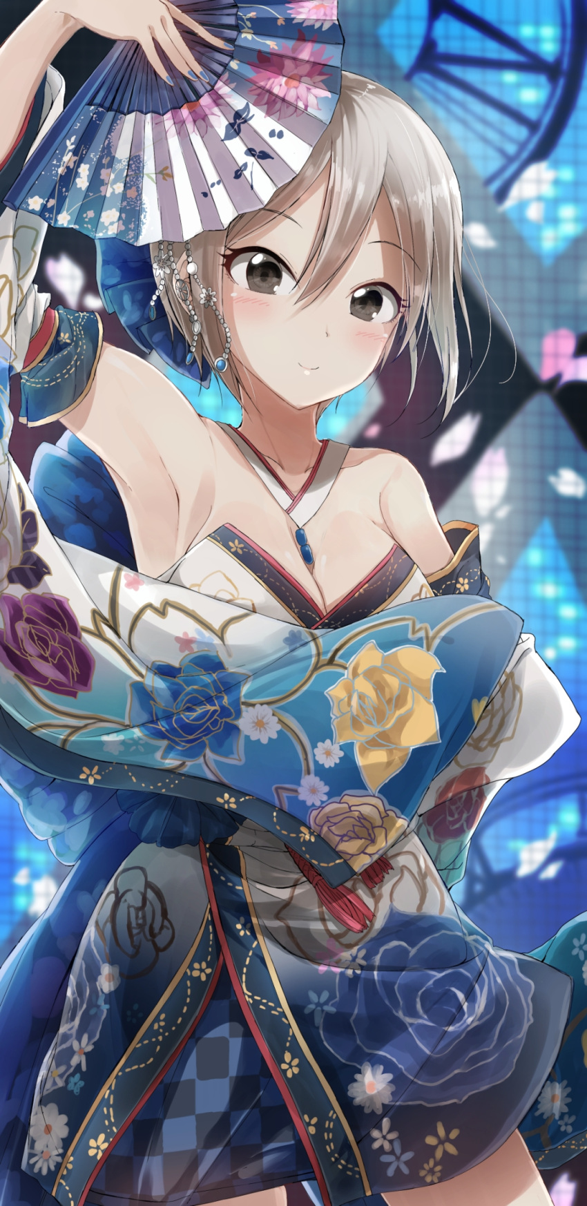 1girl arm_up armpits bare_shoulders blonde_hair blue_nails blurry blurry_background blush breasts brown_eyes checkered cleavage collarbone contrapposto cowboy_shot detached_collar detached_sleeves eyebrows_visible_through_hair eyelashes fan floral_print folding_fan hair_between_eyes hair_ornament highres holding holding_fan idolmaster idolmaster_cinderella_girls japanese_clothes jewelry kimono long_sleeves looking_at_viewer medium_breasts nail_polish pendant pentagon_(railgun_ky1206) petals shiny shiny_hair shiomi_shuuko short_hair smile standing strapless wide_sleeves