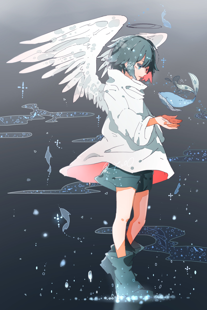androgynous angel animal baggy_clothes black_hair blue_eyes boots capelet dolphin feathered_wings fish halo highres miniature original pale_skin shapes short_hair shorts sketch solo whale wings yuuo0
