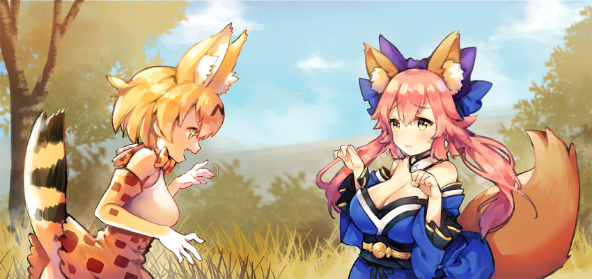 +_+ 2girls animal_ears ayamy bare_shoulders blonde_hair blush bow bowtie breasts cleavage commentary_request detached_collar detached_sleeves elbow_gloves fate/extra fate_(series) fox_ears fox_tail gloves hair_bow hair_ribbon japanese_clothes kemono_friends large_breasts multiple_girls open_mouth outdoors paw_pose pink_hair ribbon serval_(kemono_friends) serval_ears serval_print serval_tail short_hair sleeveless smile tail tamamo_(fate)_(all) tamamo_no_mae_(fate) tree yellow_eyes