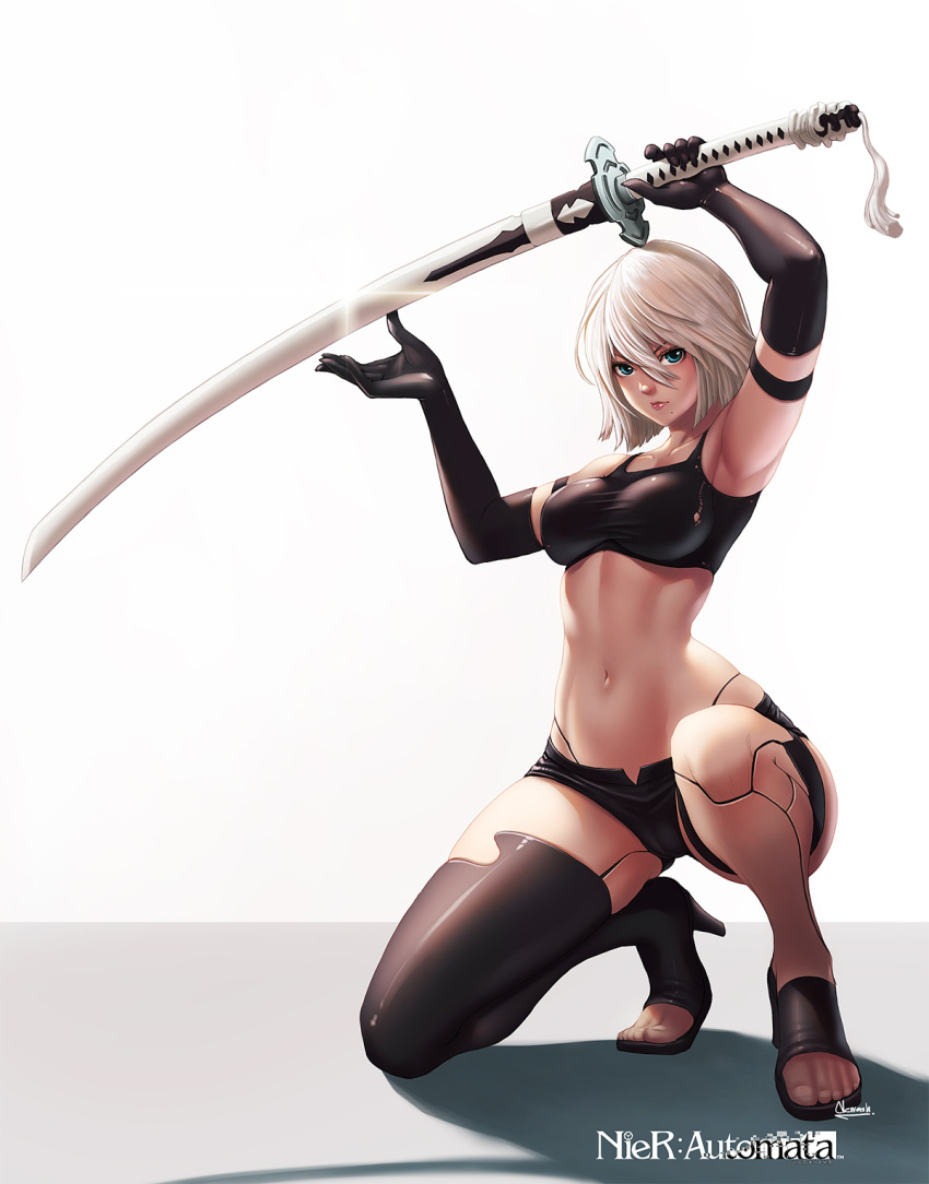 1girl android black_gloves blue_eyes breasts elbow_gloves gloves highres kneeling looking_at_viewer midriff mole mole_under_mouth navel newash nier_(series) nier_automata robot_joints short_shorts shorts silver_hair single_thighhigh solo sword thigh-highs weapon yorha_type_a_no._2