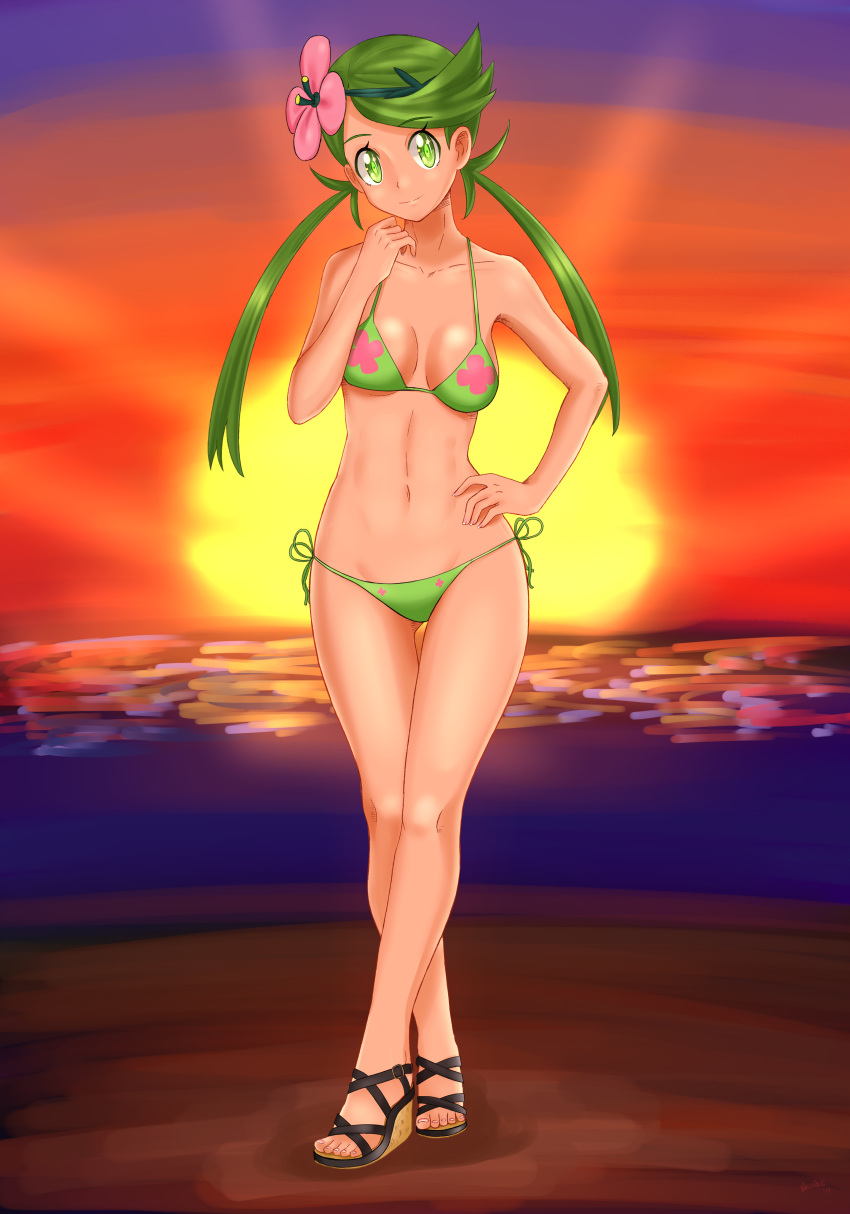 1girl absurdres artist_request bad_id bad_pixiv_id bare_shoulders bikini breasts closed_mouth collarbone dark_skin flower full_body green_bikini green_eyes green_hair green_hairband hair_flower hair_ornament highres long_hair looking_at_viewer low_twintails mallow_(pokemon) medium_breasts midriff navel nocunoct pokemon pokemon_(game) pokemon_sm pose shiny shiny_skin smile solo standing sun sunset swimsuit tied_hair trial_captain twintails under_boob very_long_hair