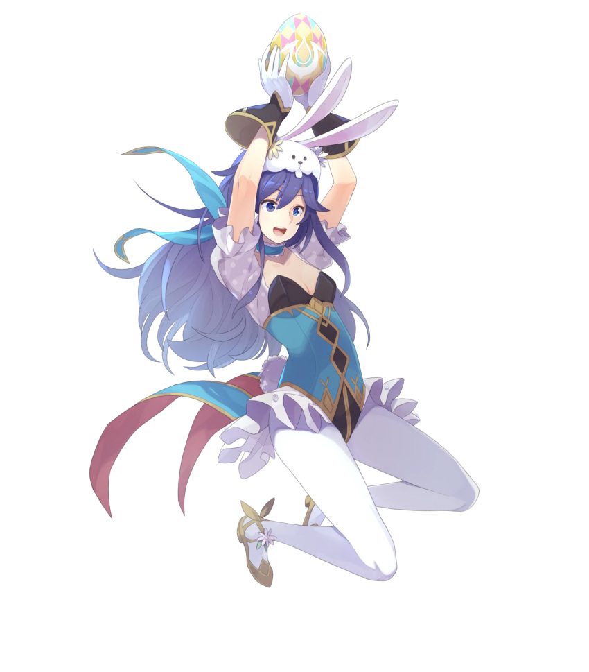 1girl animal_ears bangs blue_eyes blue_hair breasts bunny_tail choker easter_egg fire_emblem fire_emblem:_kakusei fire_emblem_heroes frills full_body gloves hat high_heels highres holding leotard long_hair lucina medium_breasts official_art open_mouth overskirt pantyhose puffy_sleeves rabbit_ears short_sleeves smile solo tail tomioka_jirou transparent_background
