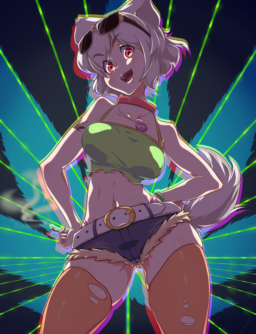 1girl alternate_costume animal_ears artist_name backlighting bangs belt blue_background bracelet breasts choker contrapposto denim denim_shorts eyebrows_visible_through_hair gluteal_fold hair_between_eyes highleg highleg_panties highres hips inubashiri_momiji jewelry looking_at_viewer marijuana medium_breasts navel necklace open_mouth orange_legwear outline panties peace_symbol pendant purple_panties red_eyes shirt short_eyebrows short_shorts shorts side_glance silver_hair skindentation smile solo sunglasses sunglasses_on_head tail tank_top tattoo teeth thigh-highs thighs tochinoko torn_clothes torn_shirt torn_thighhighs touhou underwear waist white_belt wolf_ears wolf_tail