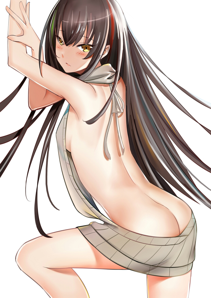 1girl arms_up ass back backless_outfit bangs bare_back bare_shoulders blush breasts brown_hair butt_crack drawstring dress eyebrows_visible_through_hair floating_hair from_side girls_frontline green_hair grey_sweater hair_between_eyes halterneck highres knee_up long_hair looking_at_viewer looking_back meme_attire multicolored_hair naked_sweater nz_75_(girls_frontline) open-back_dress parted_lips redhead ribbed_sweater sideboob simple_background small_breasts solo streaked_hair sweater sweater_dress turtleneck turtleneck_sweater very_long_hair virgin_killer_sweater white_background xie_wang yellow_eyes