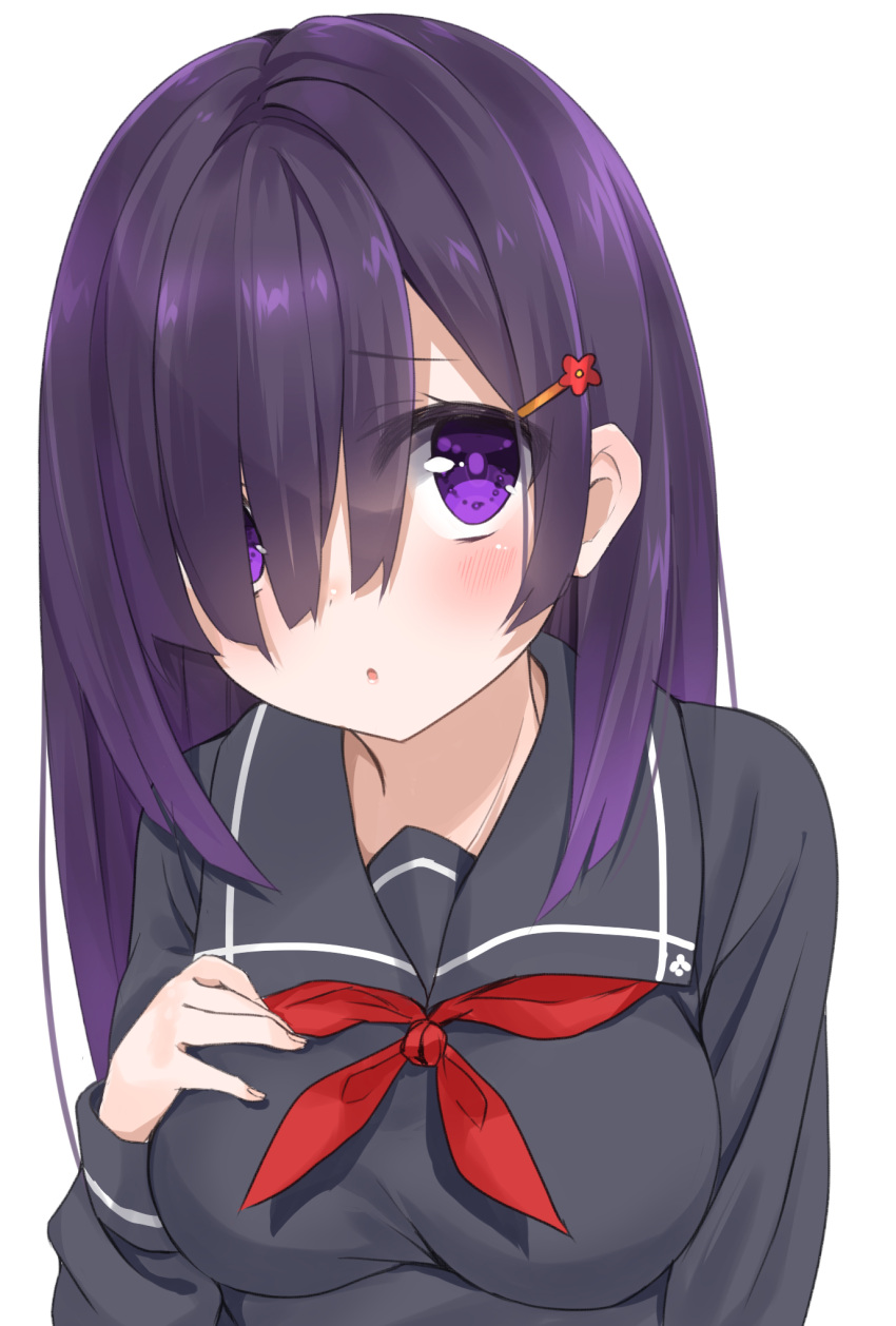 1girl :o blush breasts eyebrows_visible_through_hair grey_background hair_ornament hair_over_one_eye hairclip hand_on_own_chest hashiko_no_woto highres large_breasts long_hair looking_at_viewer neckerchief original parted_lips purple_hair red_neckerchief school_uniform serafuku simple_background solo tareme upper_body violet_eyes