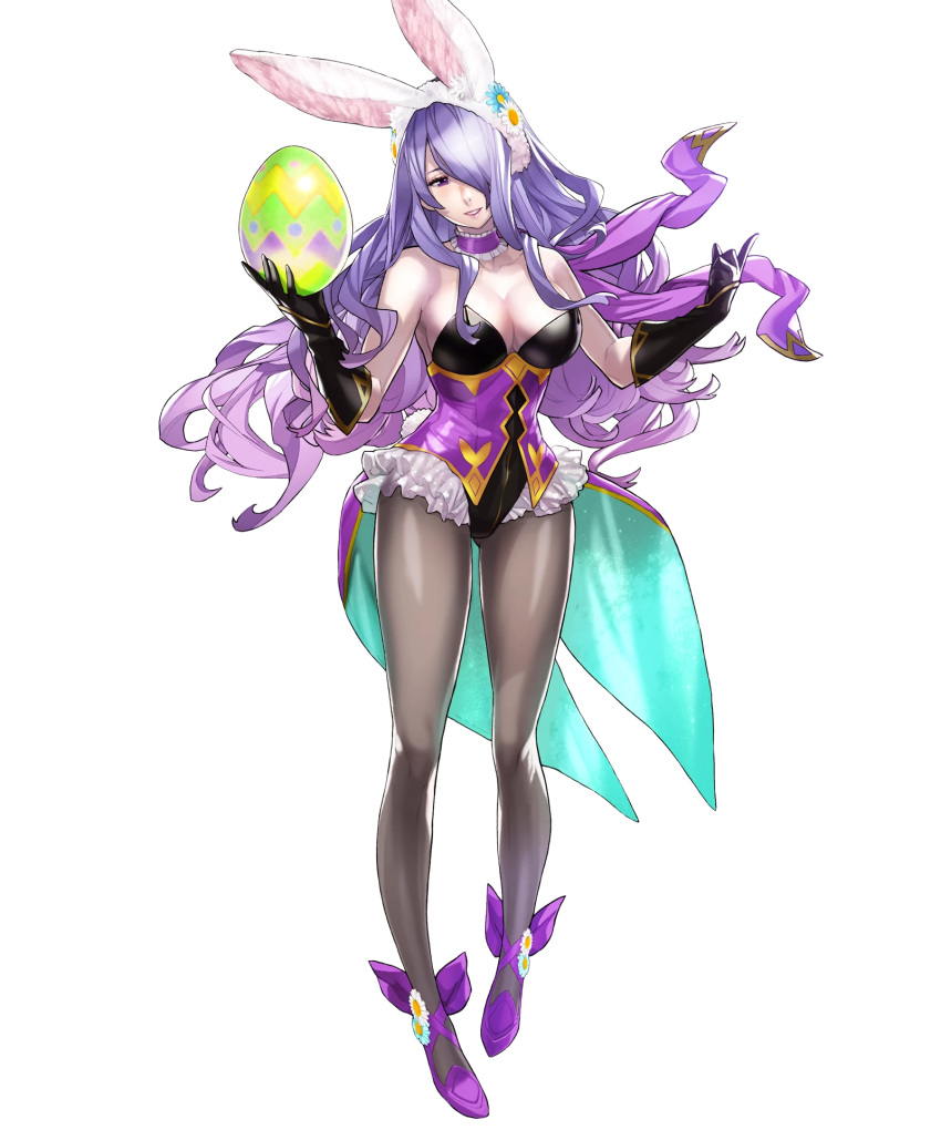1girl animal_ears bare_shoulders breasts bunny_tail camilla_(fire_emblem_if) choker cleavage easter_egg elbow_gloves female fire_emblem fire_emblem_heroes fire_emblem_if frills full_body gloves hair_over_one_eye hat high_heels highres holding large_breasts leotard long_hair looking_at_viewer maeshima_shigeki official_art pantyhose parted_lips purple_footwear purple_hair rabbit_ears simple_background smile solo standing strapless tail transparent_background violet_eyes