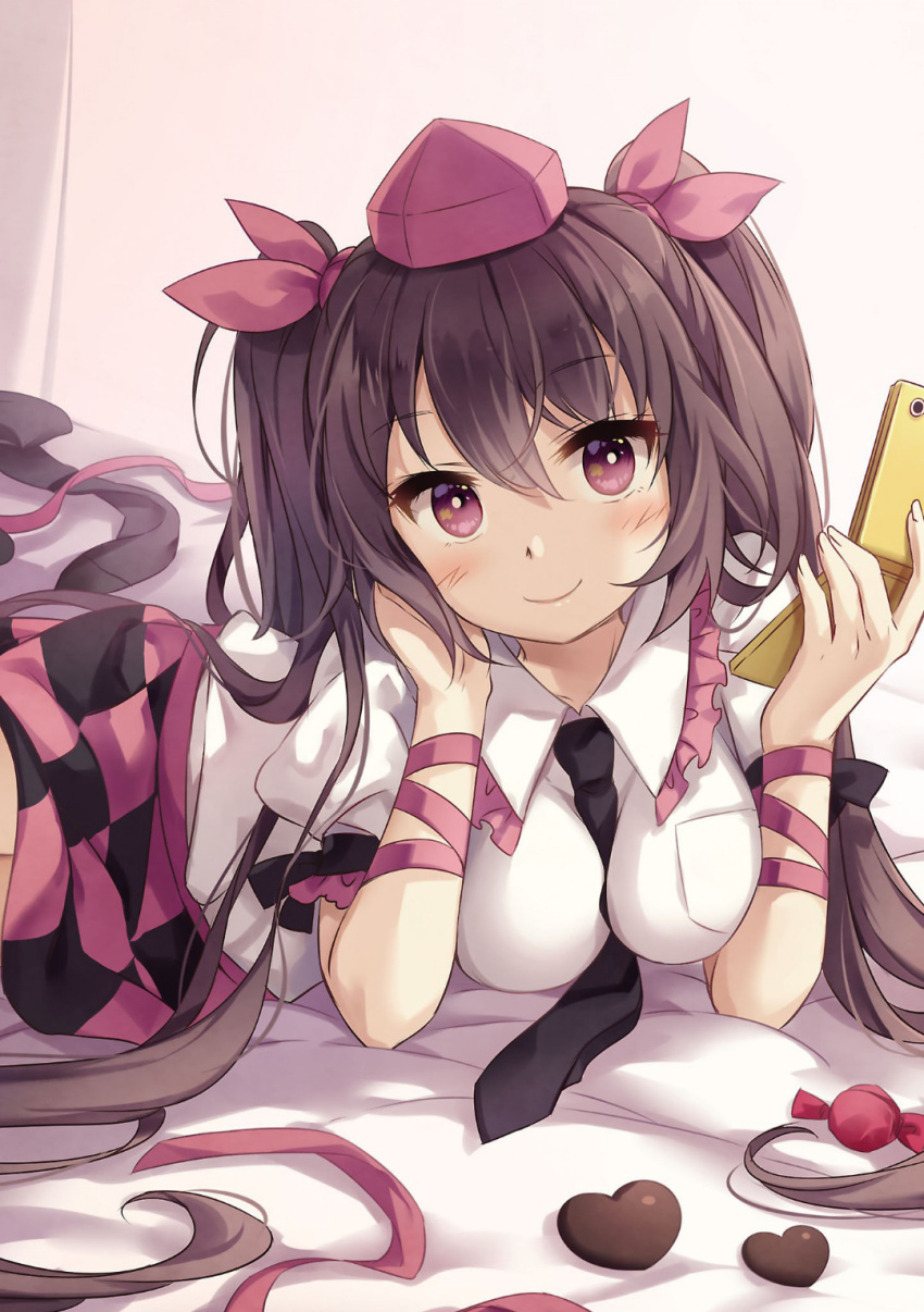 1girl arm_ribbon bangs bed between_breasts black_hair black_necktie blush breasts candy cellphone checkered checkered_skirt chocolate collar collared_shirt elbow_rest eyebrows_visible_through_hair food frilled_collar frills hair_ribbon hat heart highres himekaidou_hatate holding holding_cellphone holding_phone legwear_removed long_hair looking_at_viewer lying medium_breasts multicolored multicolored_clothes multicolored_skirt necktie necktie_between_breasts nyanya official_art phone purple_ribbon ribbon shirt short_sleeves skirt smile solo tengu tokin_hat touhou twintails very_long_hair violet_eyes white_pupils white_shirt
