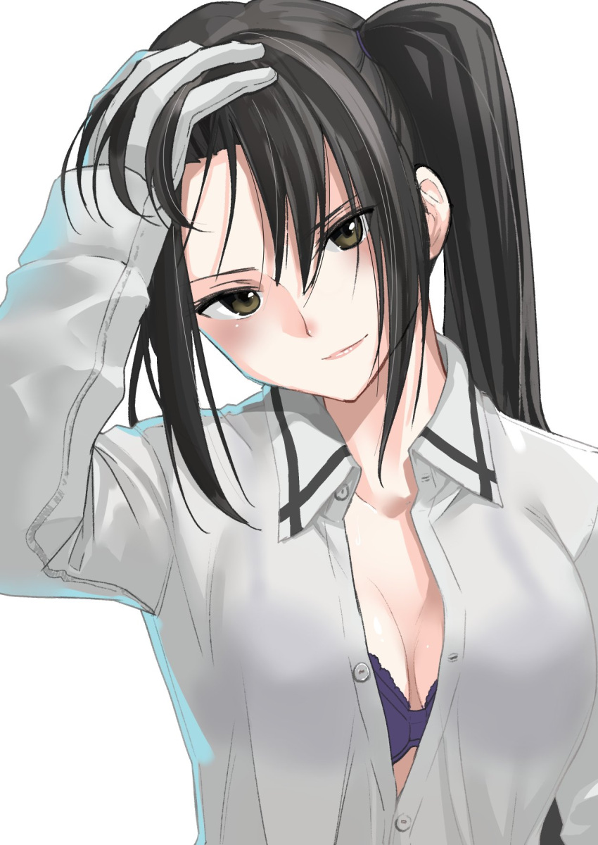 1girl black_hair blush breasts brown_eyes buttons cleavage closed_mouth collarbone collared_shirt gloves hand_in_hair highres kantai_collection long_hair long_sleeves looking_at_viewer masukuza_j medium_breasts nachi_(kantai_collection) open_clothes open_shirt shirt side_ponytail simple_background solo upper_body white_background white_gloves white_shirt