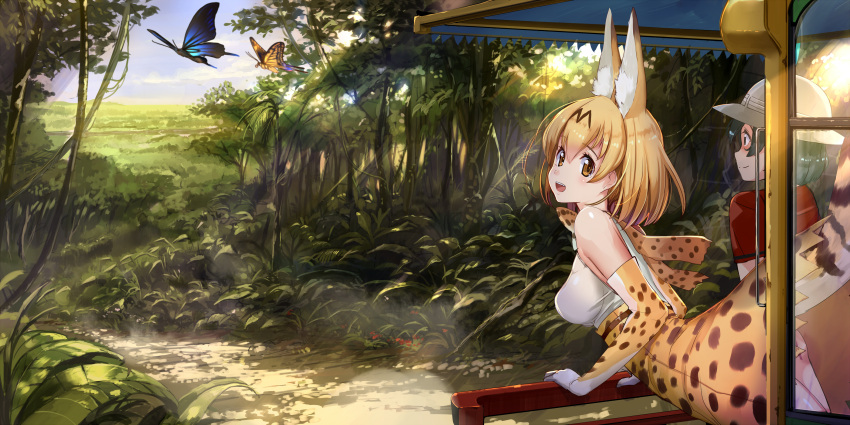 2girls :d absurdres akasaai animal_ears arm_support black_hair blonde_hair breasts brown_eyes butterfly dirt_road elbow_gloves from_behind gloves ground_vehicle hat highres kaban kemono_friends leaning_forward light_rays looking_at_viewer looking_back medium_breasts motor_vehicle multiple_girls nature open_mouth outdoors perky_breasts plant road safari serval_(kemono_friends) serval_ears serval_print serval_tail short_hair sleeveless smile sunbeam sunlight tail tree