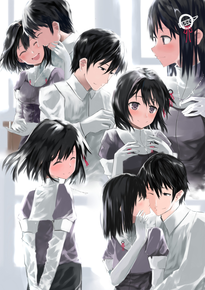 1boy 1girl ^_^ ^o^ absurdres admiral_(kantai_collection) black_hair blush check_commentary closed_eyes commentary commentary_request gloves grey_eyes haguro_(kantai_collection) hair_ornament hand_on_another's_face highres jewelry kantai_collection long_sleeves multiple_views necklace nodokana_yuki short_hair sleeves_folded_up smile white_gloves