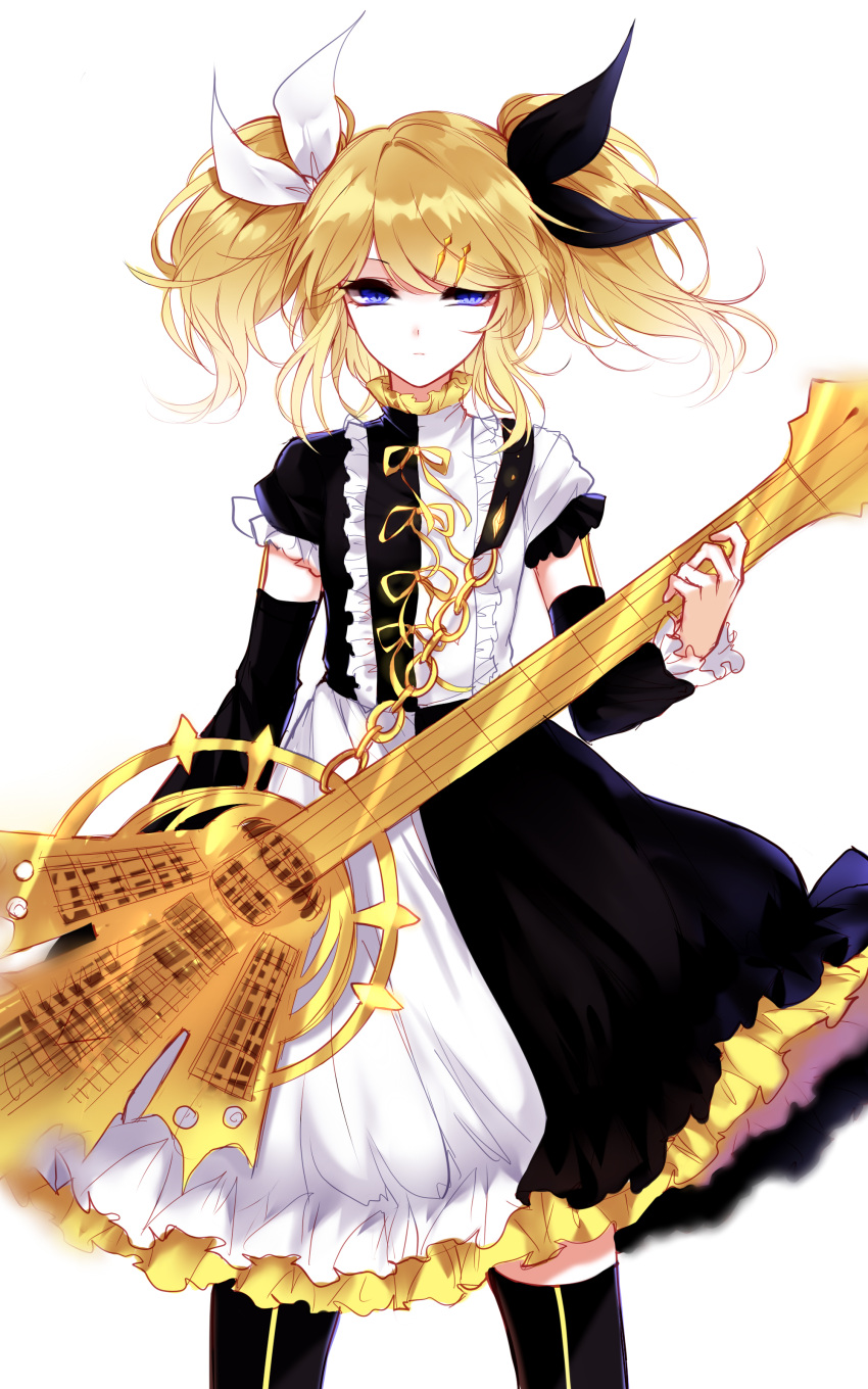 1girl absurdres bangs black_legwear black_ribbon blonde_hair blue_eyes closed_mouth cowboy_shot detached_sleeves dress frilled_dress frilled_sleeves frills guitar hair_ornament hair_ribbon hairclip highres instrument kagamine_rin kneehighs looking_at_viewer multicolored multicolored_clothes multicolored_dress ribbon roshin_yuukai_(vocaloid) sheya short_sleeves solo swept_bangs twintails white_ribbon