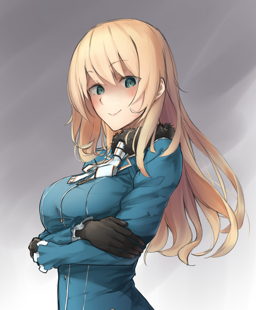 1girl ascot atago_(kantai_collection) bangs black_gloves blonde_hair blush breasts commentary_request crossed_arms enosan eyebrows_visible_through_hair eyes_visible_through_hair gloves gradient gradient_background green_eyes highres kantai_collection large_breasts light_brown_hair long_hair long_sleeves looking_at_viewer revision shaded_face simple_background smile solo upper_body