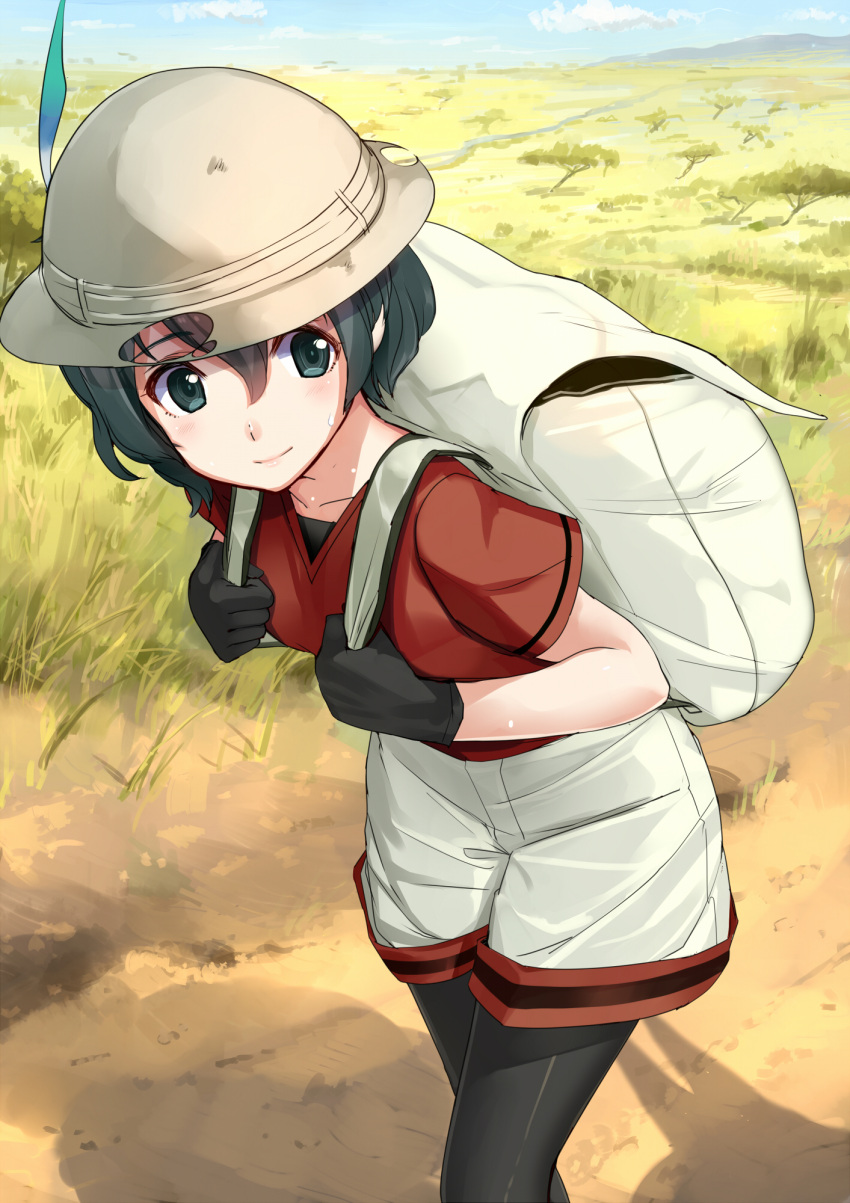 1girl akasaai backpack bag black_gloves black_hair black_legwear breasts bucket_hat cowboy_shot day gloves hair_between_eyes hat hat_feather highres kaban kemono_friends leaning_forward light_smile lips looking_to_the_side outdoors pantyhose red_shirt serval_(kemono_friends) shirt short_hair shorts silhouette small_breasts wavy_hair