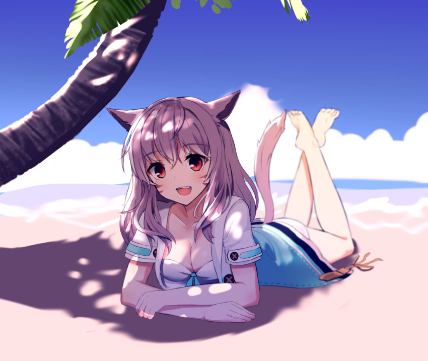 1girl :d animal_ears bangs barefoot beach bikini blue_sky blush breasts cat_ears cat_girl cat_tail chamnaitu cleavage clouds day final_fantasy final_fantasy_xiv front-tie_bikini front-tie_top highres jacket lavender_hair legs_up long_hair looking_at_viewer lying miqo'te ocean on_stomach open_clothes open_jacket open_mouth orange_eyes outdoors palm_tree sand shadow short_sleeves sky slit_pupils smile soles solo strapless strapless_bikini sweatdrop swimsuit tail tree water white_bikini