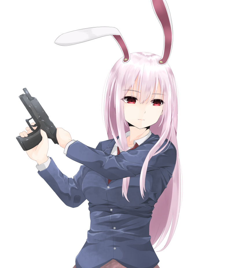 1girl absurdres animal_ears blazer breasts closed_mouth gun hair_between_eyes highres holding holding_gun holding_weapon jacket large_breasts lavender_hair long_hair long_sleeves looking_at_viewer necktie rabbit_ears red_eyes red_necktie reisen_udongein_inaba reloading solo surota touhou upper_body weapon