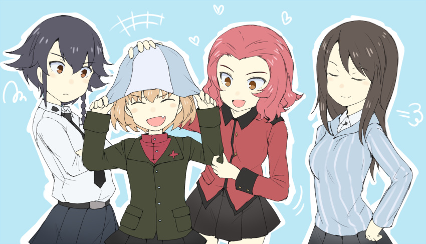 angry anzio_school_uniform arm_grab bangs black_hair black_necktie black_skirt blonde_hair blue_background blue_eyes blue_shirt braid brown_eyes brown_hair closed_eyes commentary cowboy_shot crossed_arms dress_shirt fang frown fume gedou_(ge_ge_gedou) girls_und_panzer green_jacket hand_on_another's_head hands_on_headwear hands_on_hips headwear_switch heart jacket katyusha keizoku_school_uniform light_smile long_hair long_sleeves looking_at_another mika_(girls_und_panzer) military military_uniform miniskirt necktie no_hat no_headwear open_mouth parted_bangs pepperoni_(girls_und_panzer) pleated_skirt pravda_school_uniform red_jacket red_shirt redhead rosehip school_uniform shirt short_hair side_braid sigh skirt smile st._gloriana's_military_uniform standing striped striped_shirt turtleneck uniform vertical-striped_shirt vertical_stripes white_shirt