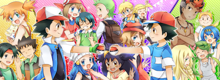 black_hair blonde_hair blue_hair brown_hair citron_(pokemon) dento_(pokemon) eureka_(pokemon) everyone green_hair hikari_(pokemon) iris_(pokemon) kaki_(pokemon) kasumi_(pokemon) kenji_(pokemon) lillie_(pokemon) mamane_(pokemon) mallow_(pokemon) orange_hair pokemon pokemon_(anime) pokemon_(game) pokemon_sm satoshi satoshi_(pokemon) serena_(pokemon) suiren_(pokemon) takeshi_(pokemon)