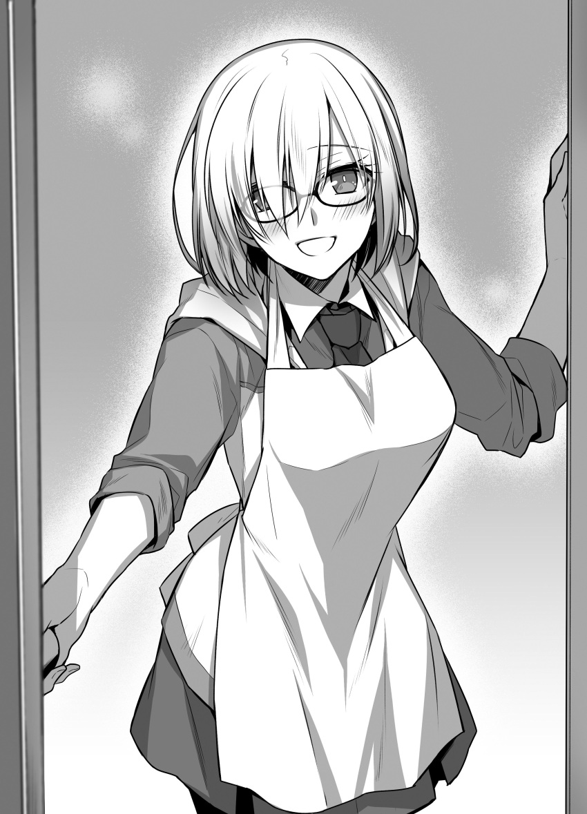 1girl :d absurdres arpon blush breasts fate/grand_order fate_(series) glasses greyscale hair_over_one_eye highres hood hooded_jacket jacket looking_at_viewer monochrome necktie open_mouth shielder_(fate/grand_order) short_hair smile solo yamoge