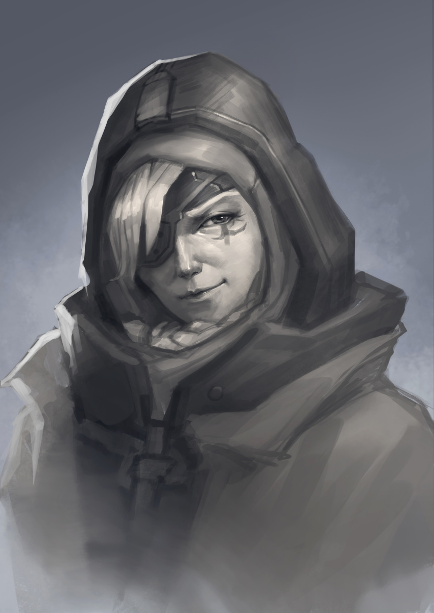 1girl absurdres ana_(overwatch) eyepatch facial_mark facial_tattoo greyscale head_tilt highres hijab hood lips looking_at_viewer maitian_bianjing monochrome nose old_woman overwatch portrait realistic sketch smile solo tattoo