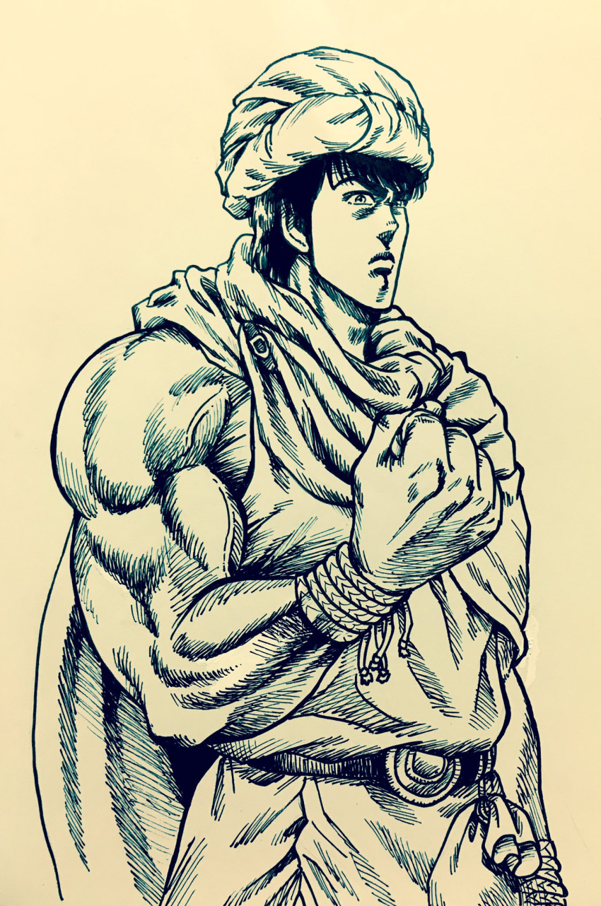 1boy cape clenched_hand frown hara_tetsuo_(style) highres ink_(medium) lee_(dragon_garou) male_focus monochrome muscle parody rope serious solo style_parody traditional_media upper_body yoshihiko yuusha_yoshihiko_to_maou_no_shiro