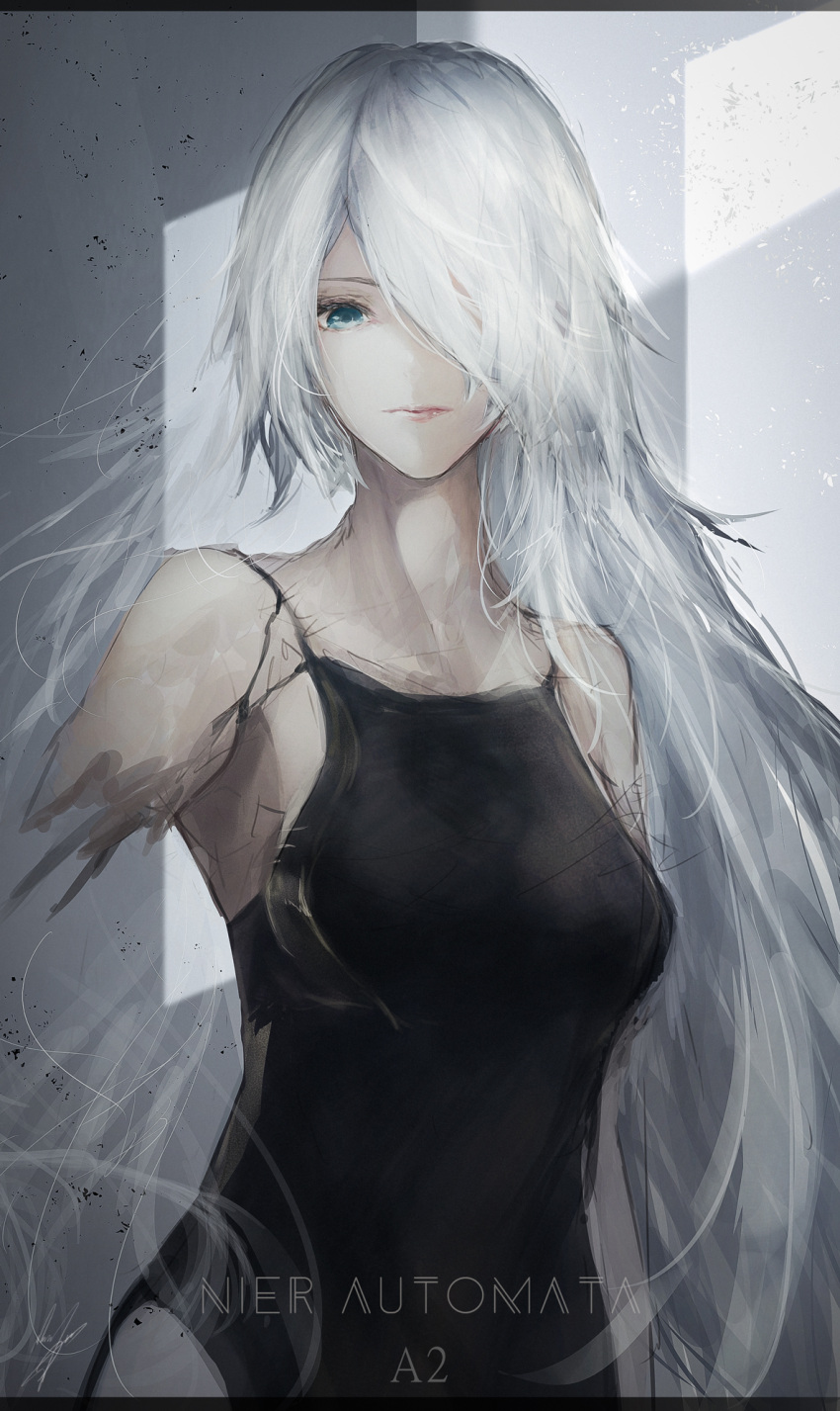 1girl black_leotard blue_eyes breasts character_name closed_mouth copyright_name damaged expressionless grey_hair hair_over_one_eye highres leotard long_hair looking_at_viewer marumoru medium_breasts nier_(series) nier_automata parts_exposed solo upper_body very_long_hair yorha_type_a_no._2