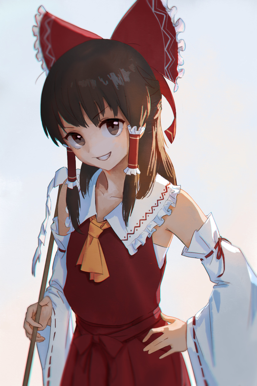 1girl ascot backlighting bow brown_eyes collarbone detached_sleeves frilled_bow frilled_shirt_collar frills gohei grin hair_bow hair_tubes hakurei_reimu hand_on_hip highres looking_at_viewer nontraditional_miko red_bow red_shirt red_skirt ribbon-trimmed_sleeves ribbon_trim shirt sidelocks skirt skirt_set smile solo touhou treeware upper_body wide_sleeves yellow_ascot