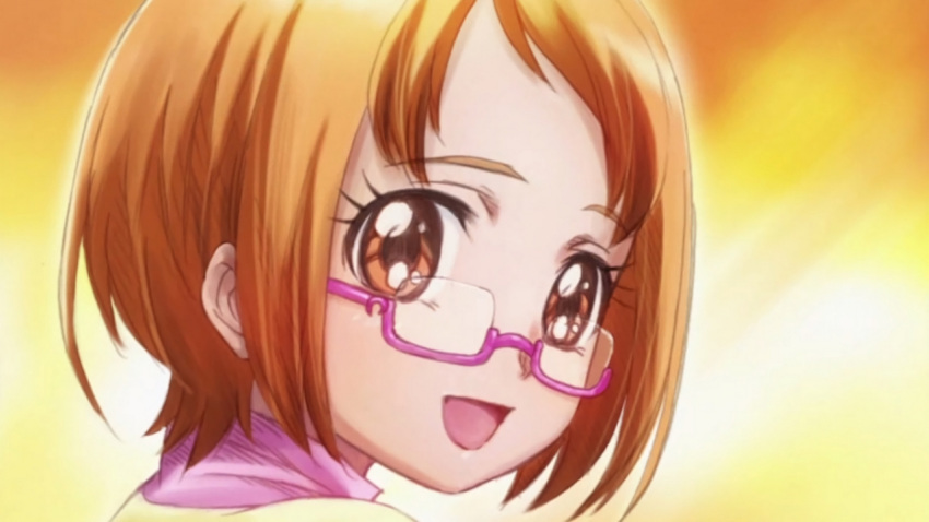 1girl :d brown_eyes from_behind glasses looking_at_viewer looking_back official_art open_mouth orange_hair portrait precure screencap shirabe_ako short_hair smile solo suite_precure