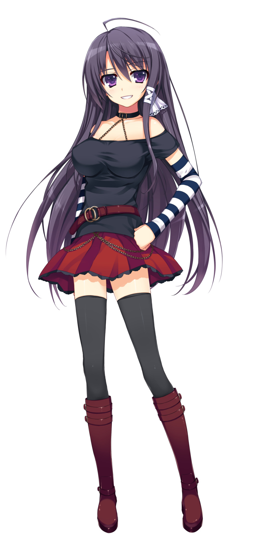 1girl absurdres bangs belt_boots black_legwear boots breasts brown_boots eyebrows_visible_through_hair full_body hand_on_hip highres knee_boots long_hair looking_at_viewer medium_breasts mizuno_rin pleated_skirt reminiscence skirt smile solo thigh-highs tomose_shunsaku transparent_background very_long_hair violet_eyes zettai_ryouiki