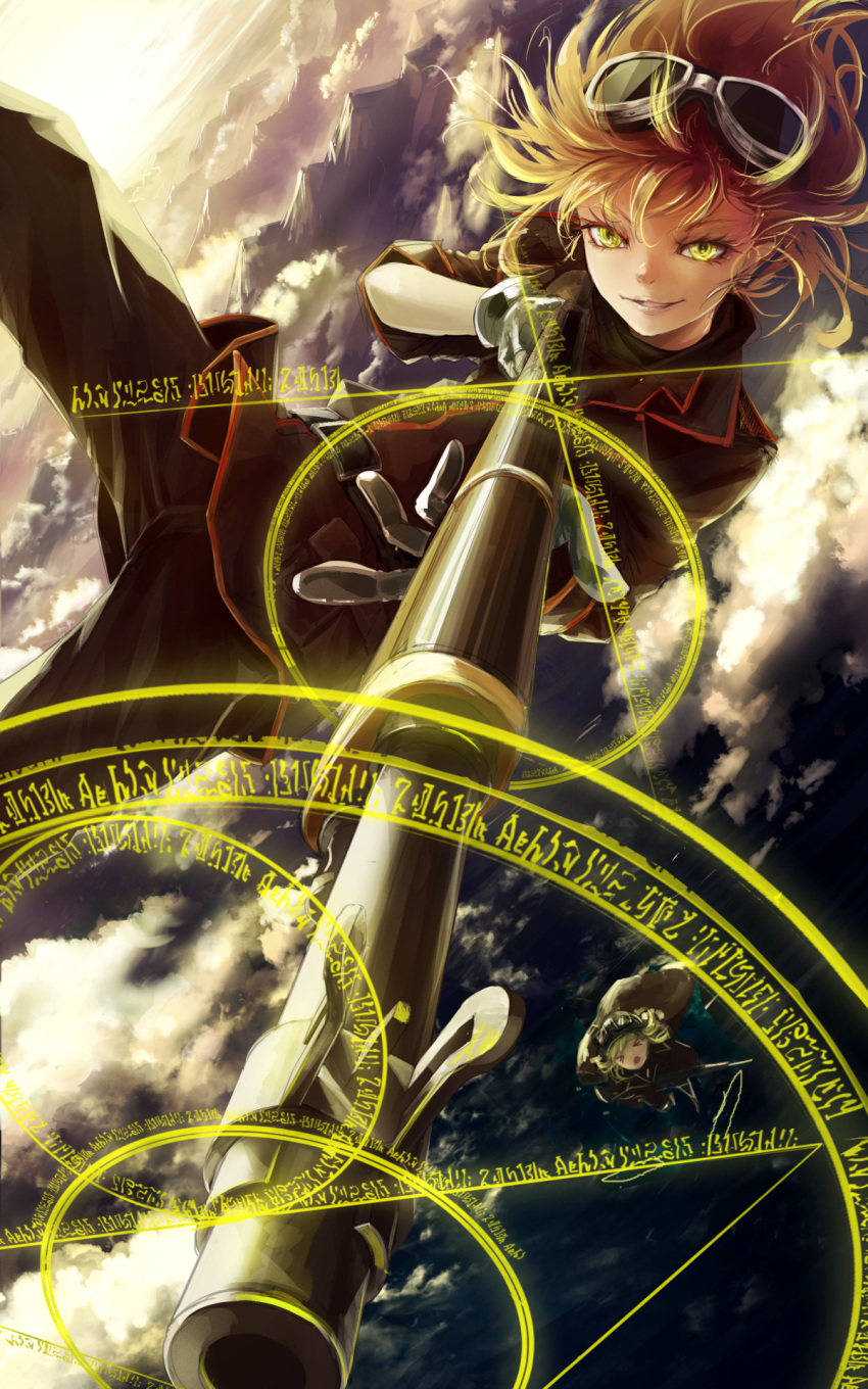 2girls above_clouds aiming blonde_hair character_request clouds flying foreshortening gloves goggles goggles_on_head gun highres holding holding_weapon magic magic_circle marimo_ouji military military_uniform multiple_girls rifle short_hair sky smile tanya_degurechaff uniform weapon yellow_eyes youjo_senki