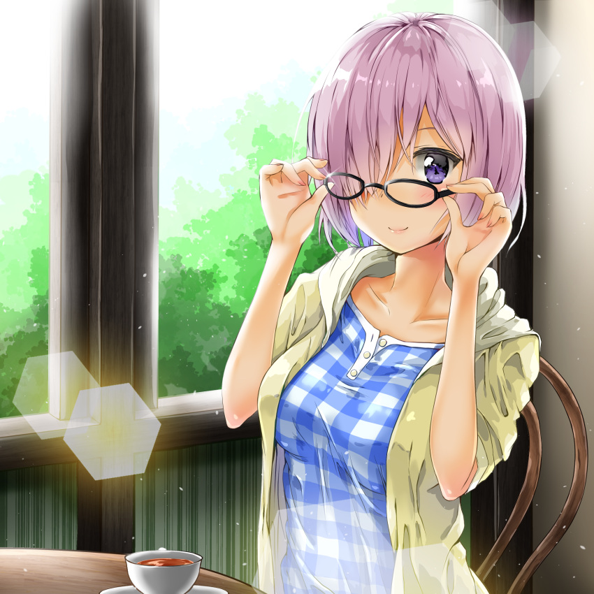 1girl adjusting_glasses alternate_costume arms_at_sides backlighting bangs black-framed_eyewear blue_dress blush breasts cafe chair closed_mouth collarbone cup dress fate/grand_order fate_(series) glasses hair_over_one_eye hands_up hexagon highres hood hoodie indoors kuria_(clear_trip_second) lens_flare looking_at_viewer medium_breasts open_clothes open_hoodie plaid plaid_dress purple_hair saucer shielder_(fate/grand_order) short_hair smile solo table teacup upper_body violet_eyes white_dress window