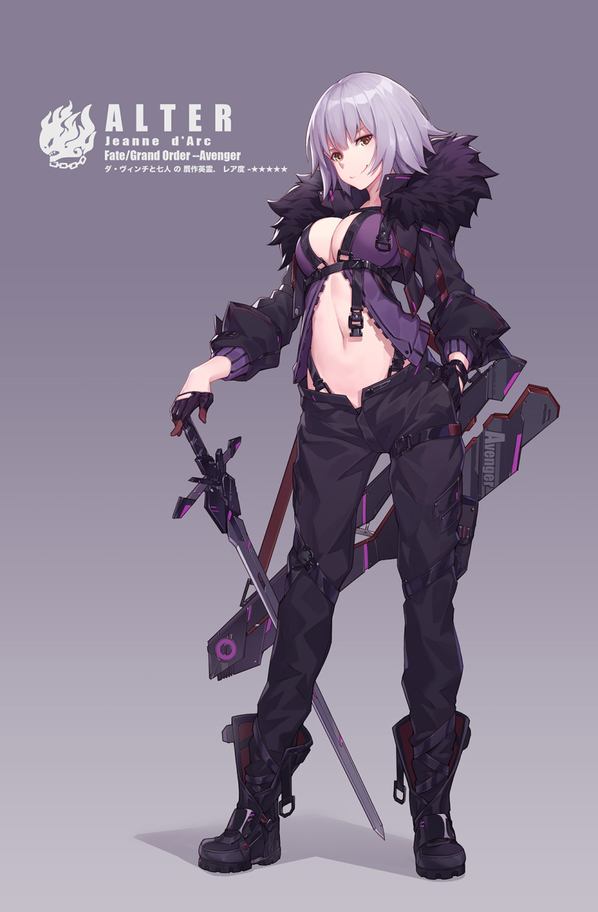 1girl alternate_costume black_pants brown_eyes c: character_name closed_mouth copyright_name fate/grand_order fate_(series) fur_coat gradient gradient_background grey_background highres jeanne_alter long_hair navel nian pants ruler_(fate/apocrypha) silver_hair smile smirk solo standing very_long_hair