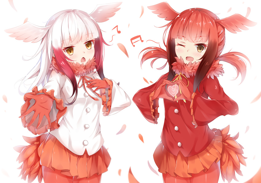 2girls :3 ;d bangs beamed_quaver beamed_quavers blush brown_eyes brown_hair cat chestnut_mouth cowboy_shot crested_ibis_(kemono_friends) eyebrows_visible_through_hair frilled_sleeves frills fur_collar gloves gradient_hair grey_background hand_on_own_chest head_wings heart heart_hands highlights highres kemono_friends long_hair looking_at_viewer multicolored_hair multiple_girls musical_note one_eye_closed open_mouth orange_skirt outstretched_amr pantyhose quaver red_gloves red_legwear red_skirt red_wings redhead scarlet_ibis_(kemono_friends) sidelocks silver_hair simple_background sin-poi skirt smile symmetry tail twintails two-tone_hair white_hair white_wings wings