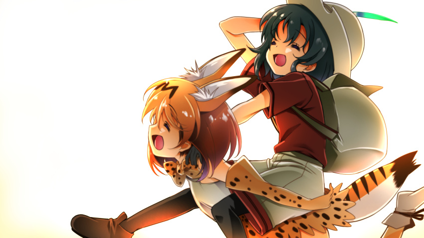 absurdres animal_ears backpack bag black_hair bow bowtie bucket_hat elbow_gloves gloves hat hat_feather highres kaban kemono_friends open_mouth piggyback red_shirt seizan_shouji serval_(kemono_friends) shirt short_hair shorts sleeveless tail
