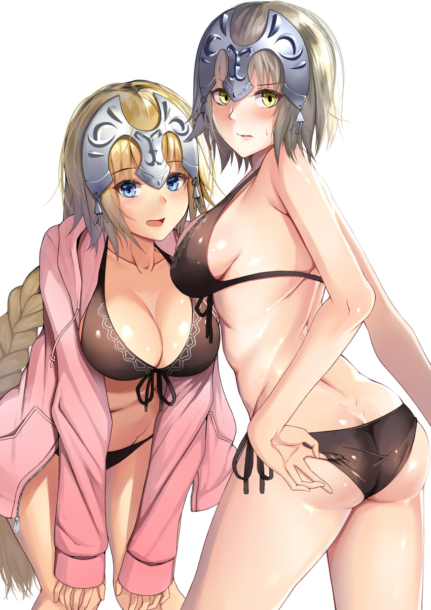 1girl absurdres adjusting_clothes adjusting_swimsuit ass bending_forward bikini black_bikini black_swimsuit blonde_hair blue_eyes braid breasts butt_crack cleavage cowboy_shot dual_persona fate/apocrypha fate/grand_order fate_(series) female_ass from_behind front-tie_top headpiece highres hood hooded_track_jacket jacket janne_d'arc jeanne_alter leaning_forward lips long_hair looking_at_viewer midriff multiple_persona navel open_mouth ruler_(fate/apocrypha) short_hair side-tie_bikini sideboob silver_hair single_braid suika_(atelier-yuu) swimsuit thighs track_jacket very_long_hair yellow_eyes